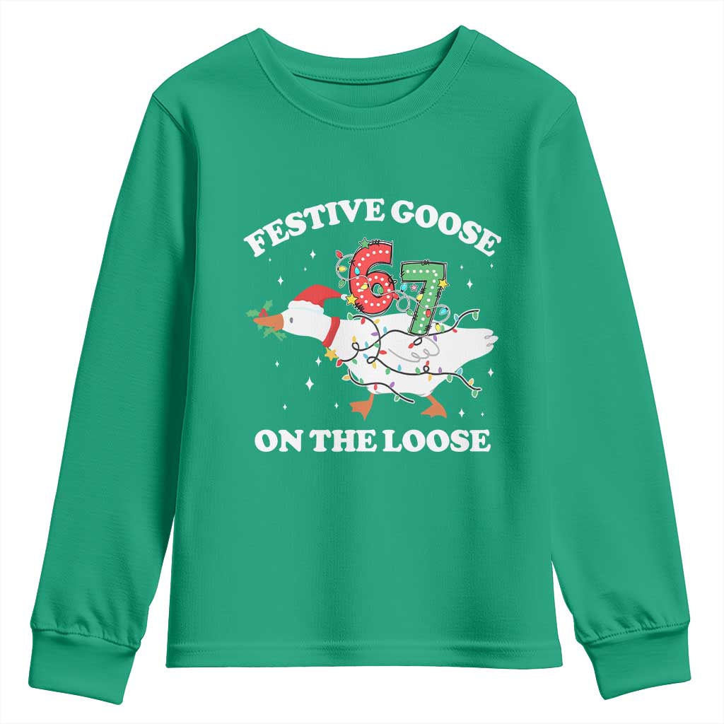 Funny Goose 67 Christmas Youth Sweatshirt Festive Goose On The Loose Six Seven Meme TS11 Irish Green Print Your Wear