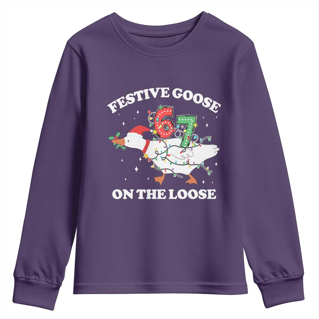 Funny Goose 67 Christmas Youth Sweatshirt Festive Goose On The Loose Six Seven Meme TS11 Purple Print Your Wear