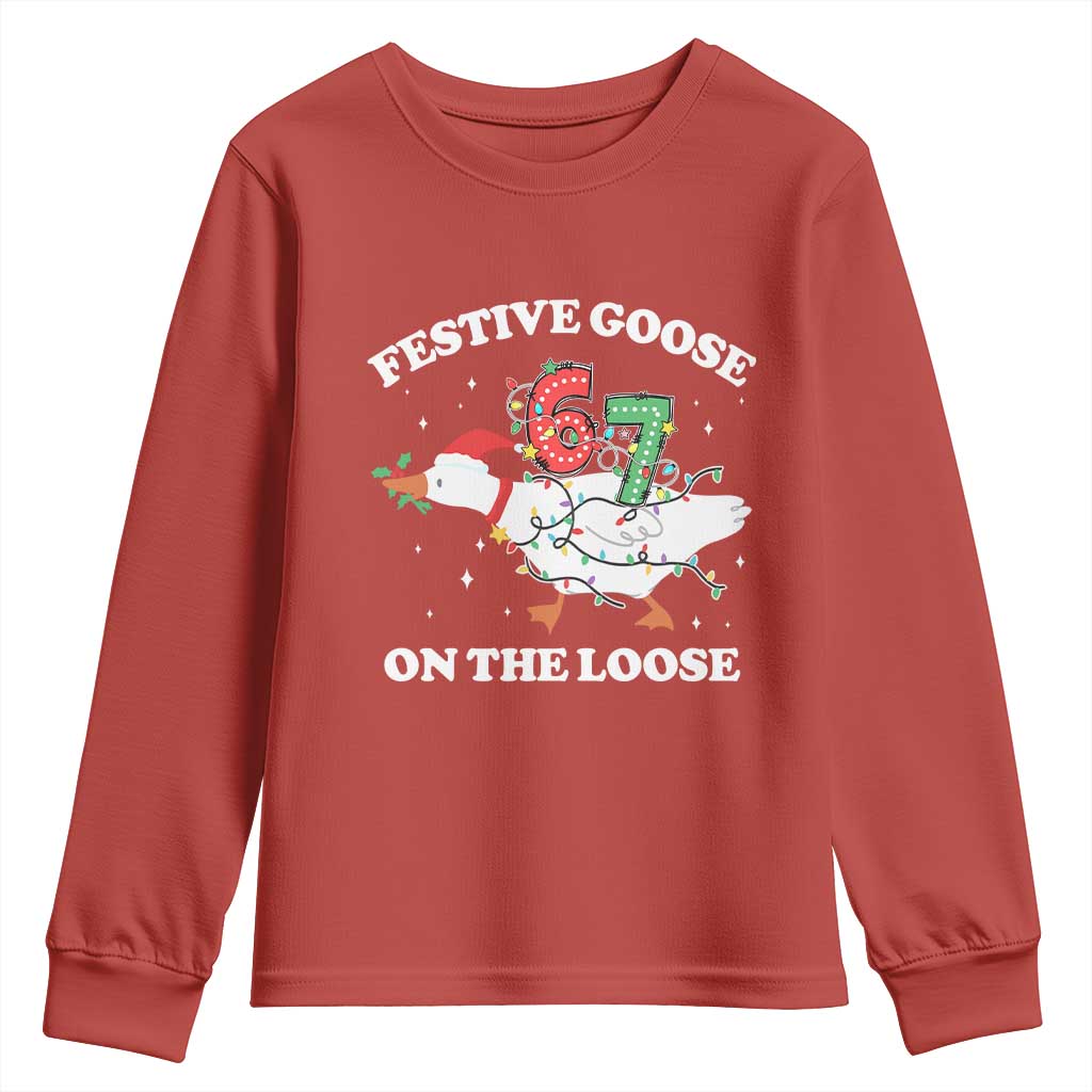 Funny Goose 67 Christmas Youth Sweatshirt Festive Goose On The Loose Six Seven Meme TS11 Red Print Your Wear