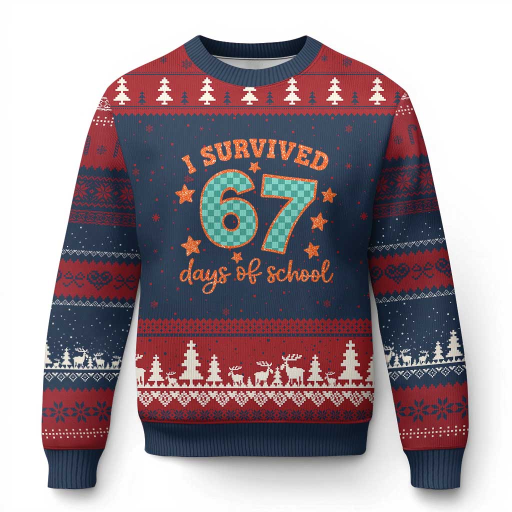 I Survived 67 Days Of School Ugly Christmas Sweater Six Seven Meme Student Teacher Faux Glitter TS11 Navy Red Print Your Wear