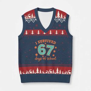 I Survived 67 Days Of School V-Neck Knit Sweater Vest Six Seven Meme Student Teacher Faux Glitter TS11 Navy Red Print Your Wear