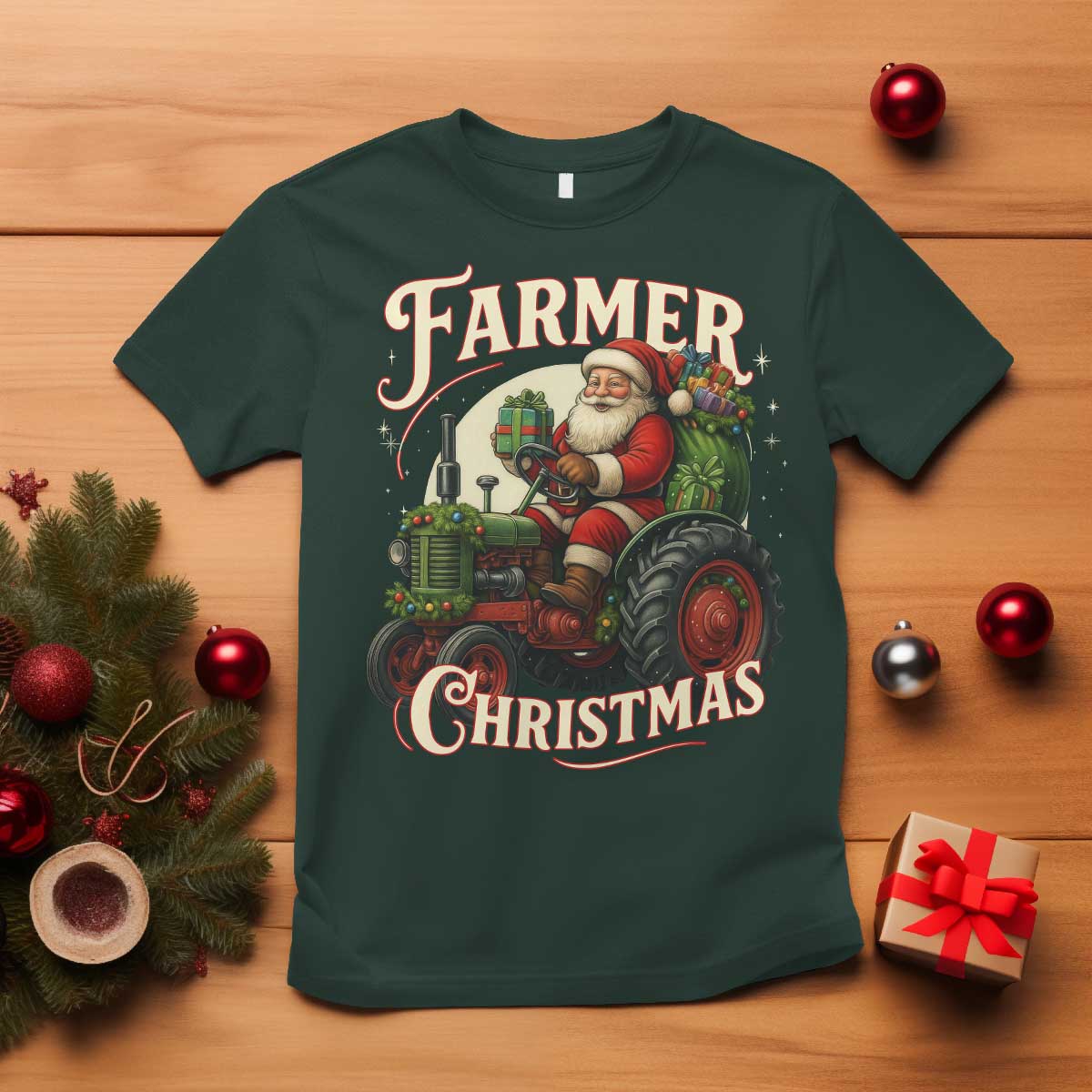 Funny Farmer Christmas Xmas Santa Farm Tractor T Shirt TS11 Dark Forest Green Print Your Wear