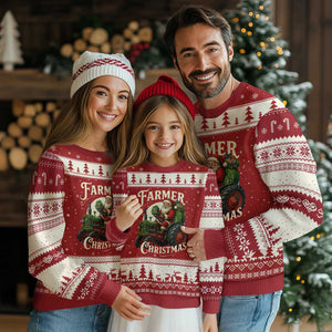 Funny Farmer Christmas Xmas Santa Farm Tractor Ugly Christmas Sweater TS11 Red Beige Print Your Wear