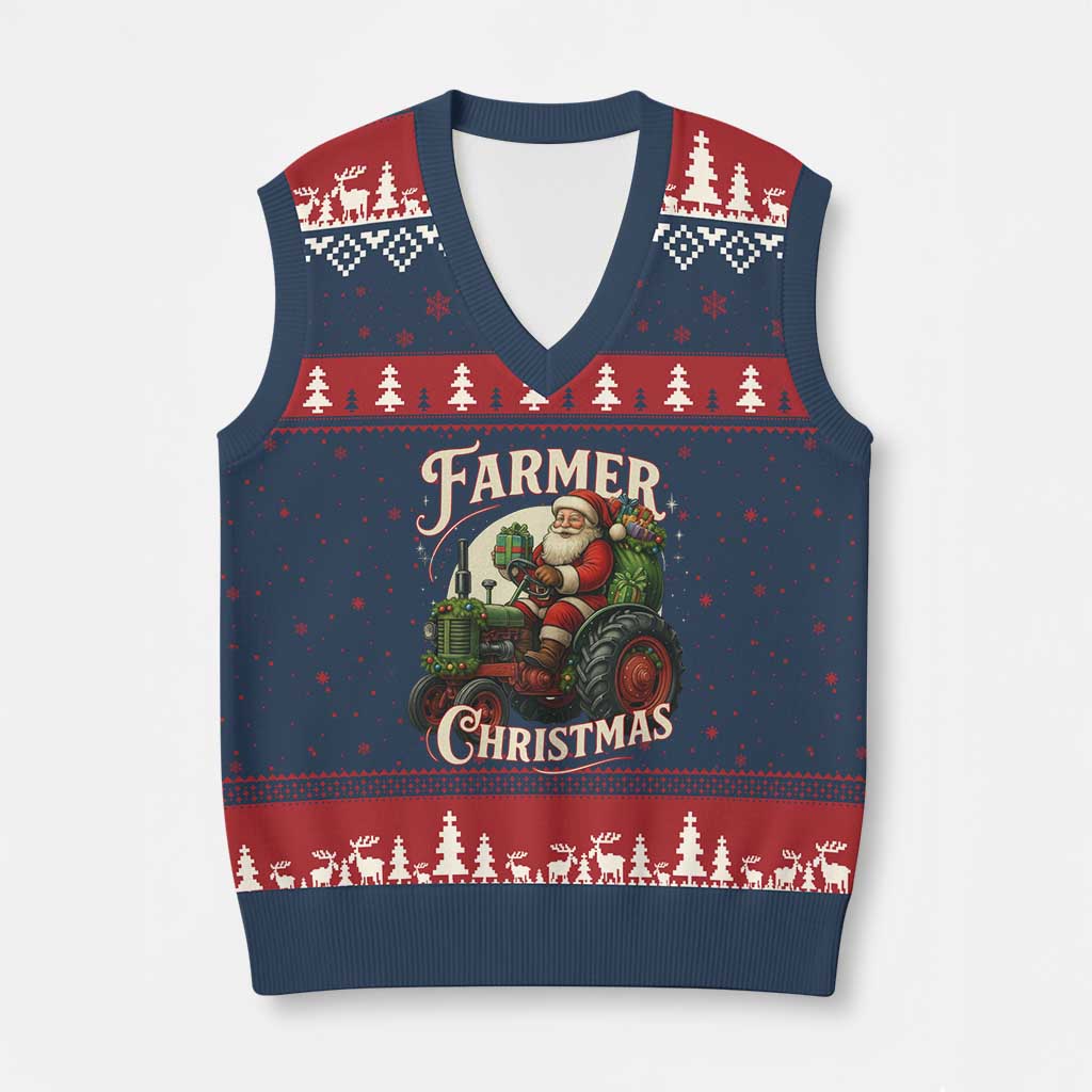 Funny Farmer Christmas Xmas Santa Farm Tractor V-Neck Knit Sweater Vest TS11 Navy Red Print Your Wear