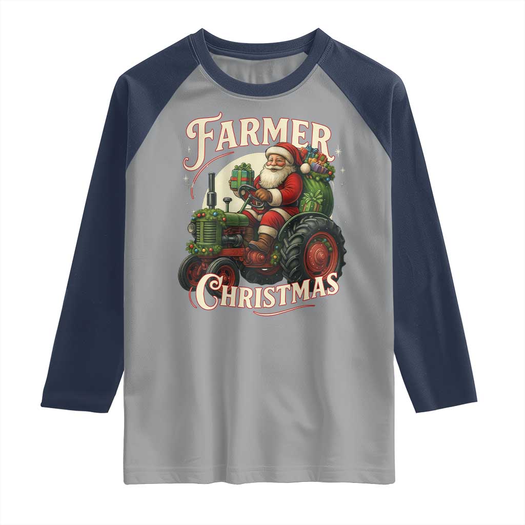 Funny Farmer Christmas Xmas Santa Farm Tractor Raglan Shirt TS11 Sport Gray Navy Print Your Wear