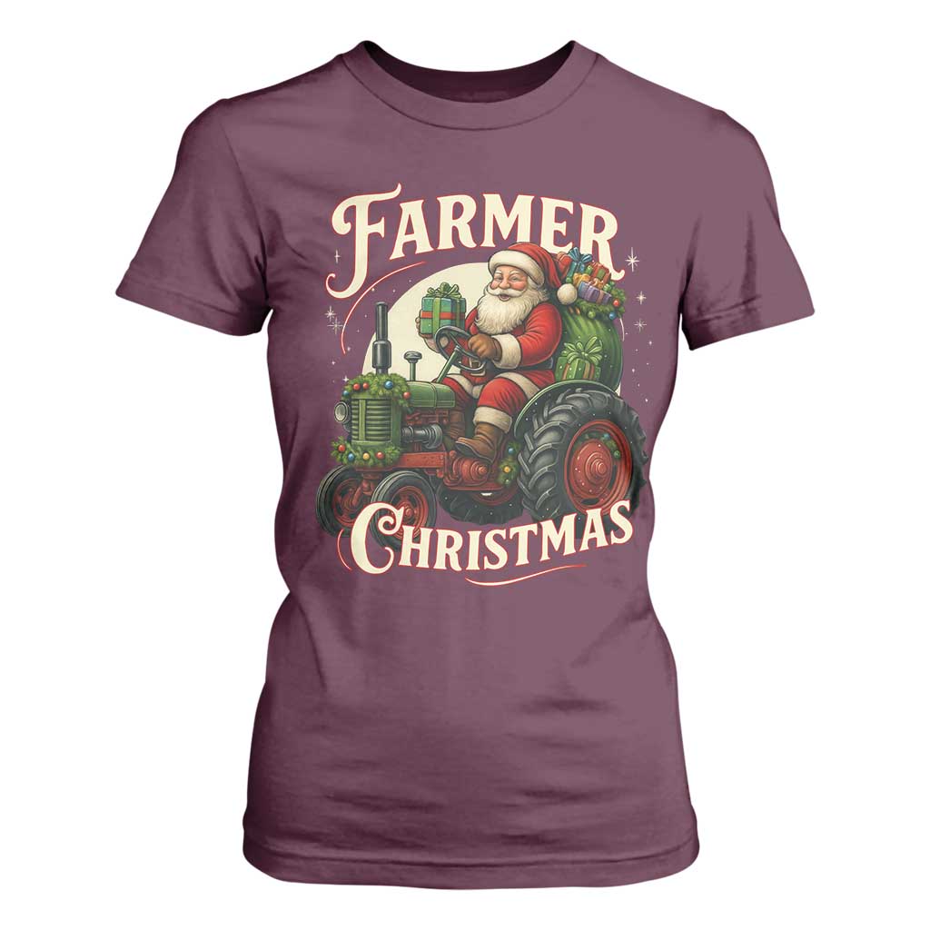Funny Farmer Christmas Xmas Santa Farm Tractor T Shirt For Women TS11 Maroon Print Your Wear
