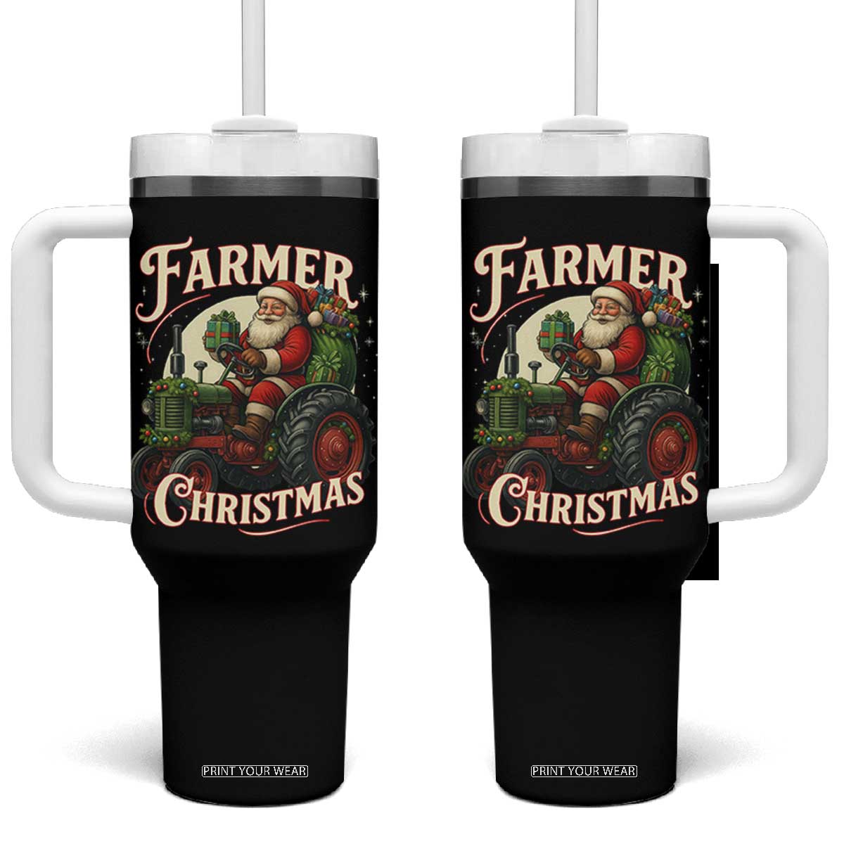 Funny Farmer Christmas Xmas Santa Farm Tractor Tumbler With Handle TS11 One Size: 40 oz Black Print Your Wear