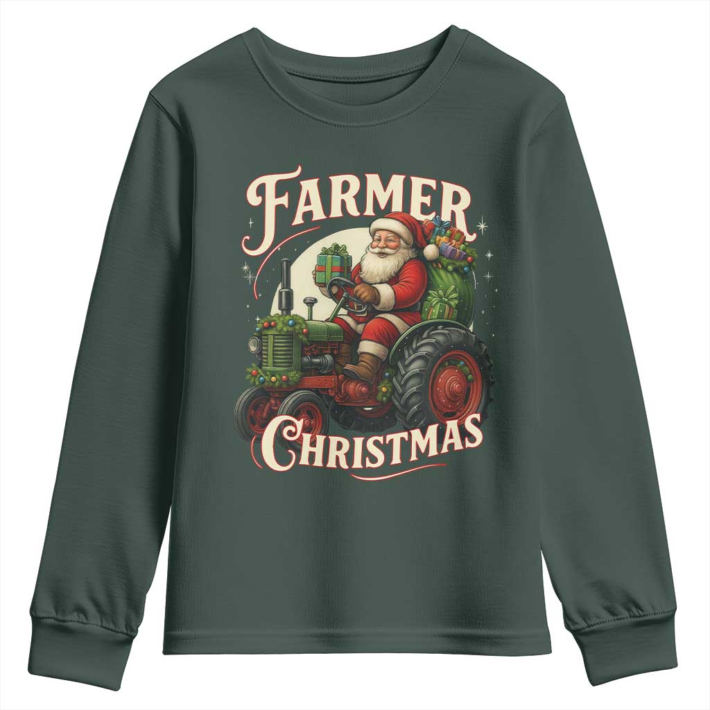 Funny Farmer Christmas Xmas Santa Farm Tractor Youth Sweatshirt TS11 Dark Forest Green Print Your Wear