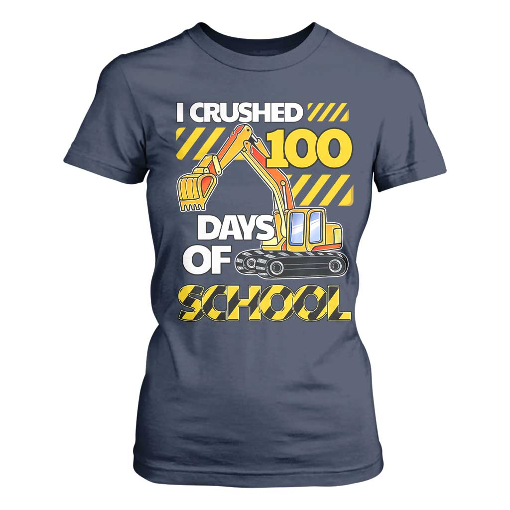 I Crushed 100 Days Of School T Shirt For Women Construction Vehicle Excavators TS11 Navy Print Your Wear