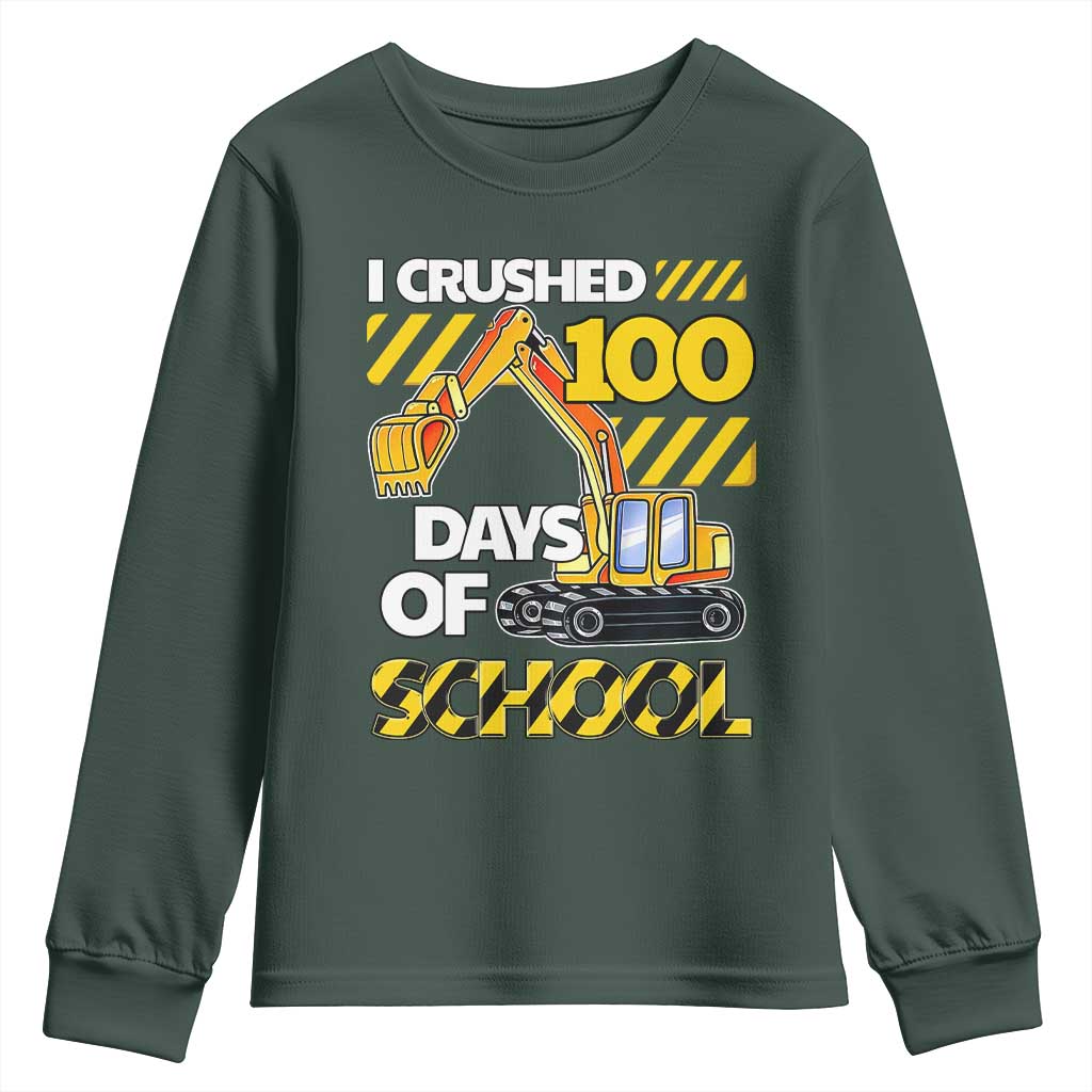 I Crushed 100 Days Of School Youth Sweatshirt Construction Vehicle Excavators TS11 Dark Forest Green Print Your Wear
