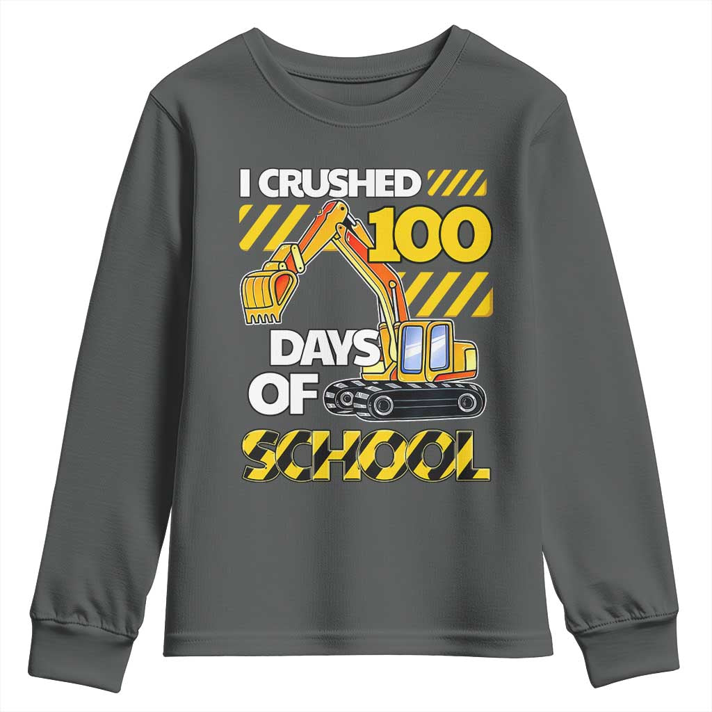 I Crushed 100 Days Of School Youth Sweatshirt Construction Vehicle Excavators TS11 Dark Heather Print Your Wear