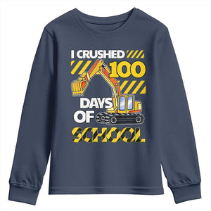 I Crushed 100 Days Of School Youth Sweatshirt Construction Vehicle Excavators TS11 Navy Print Your Wear