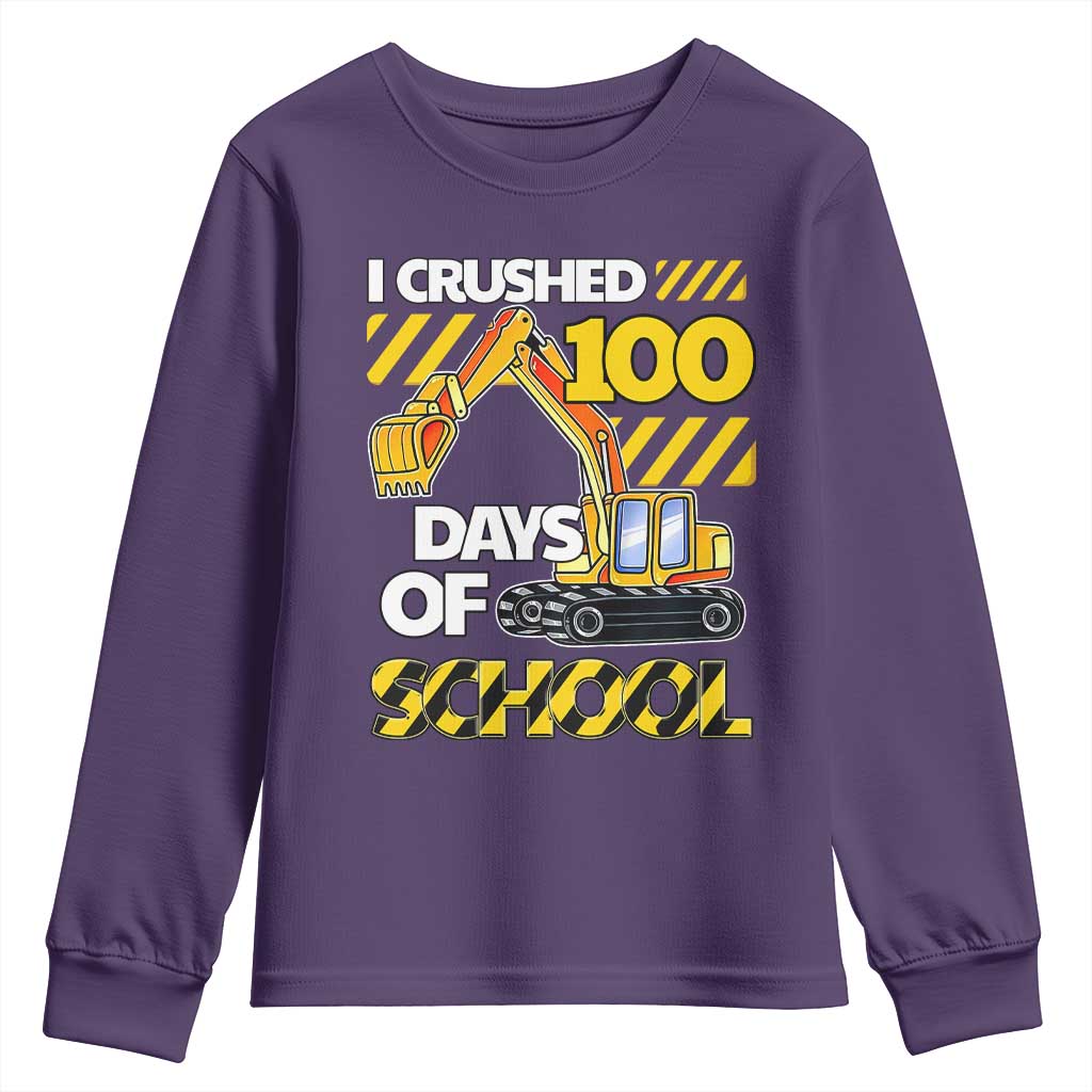 I Crushed 100 Days Of School Youth Sweatshirt Construction Vehicle Excavators TS11 Purple Print Your Wear