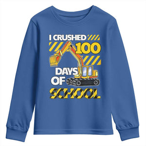 I Crushed 100 Days Of School Youth Sweatshirt Construction Vehicle Excavators TS11 Royal Blue Print Your Wear