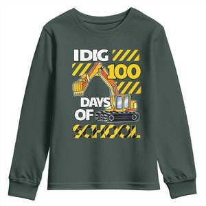 I Dig 100 Days Of School Youth Sweatshirt Construction Vehicle Excavators TS11 Dark Forest Green Print Your Wear