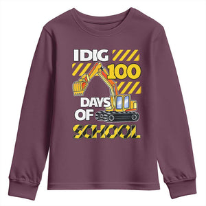 I Dig 100 Days Of School Youth Sweatshirt Construction Vehicle Excavators TS11 Maroon Print Your Wear