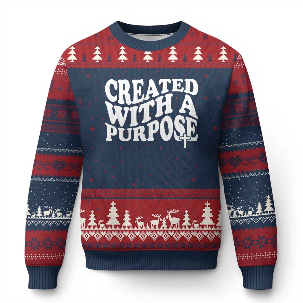 Created With A Purpose Christian Ugly Christmas Sweater Inspirational Religious Bible Verse TS11 Navy Red Print Your Wear