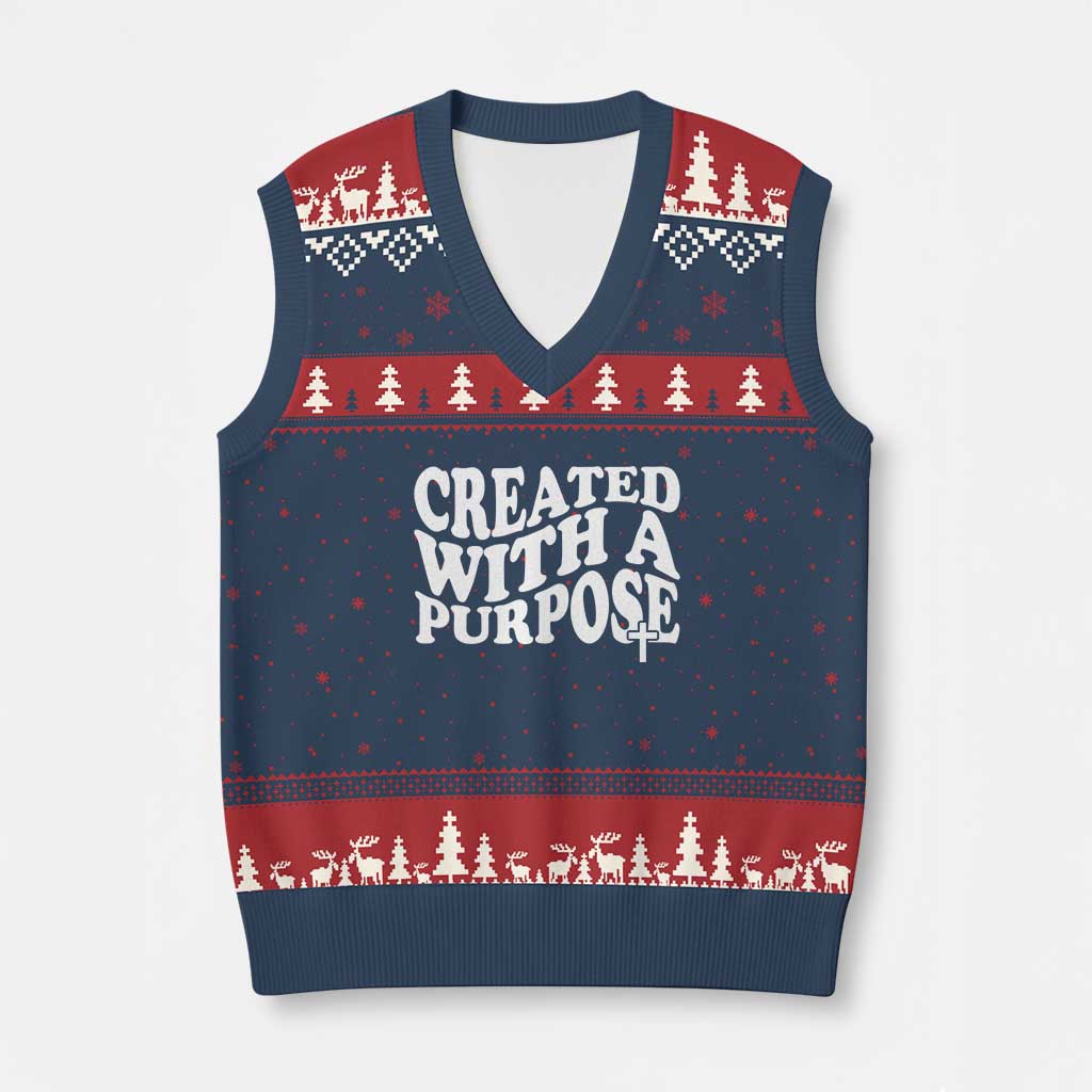 Created With A Purpose Christian V-Neck Knit Sweater Vest Inspirational Religious Bible Verse TS11 Navy Red Print Your Wear
