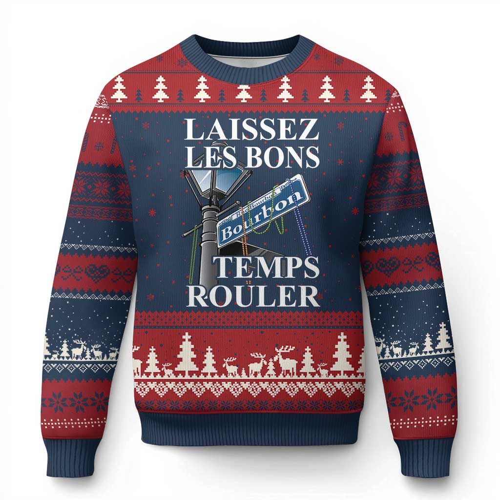 Funny Mardi Gras Laissez Les Bons Temps Rouler Ugly Christmas Sweater Bourbon Street Sign TS11 Navy Red Print Your Wear