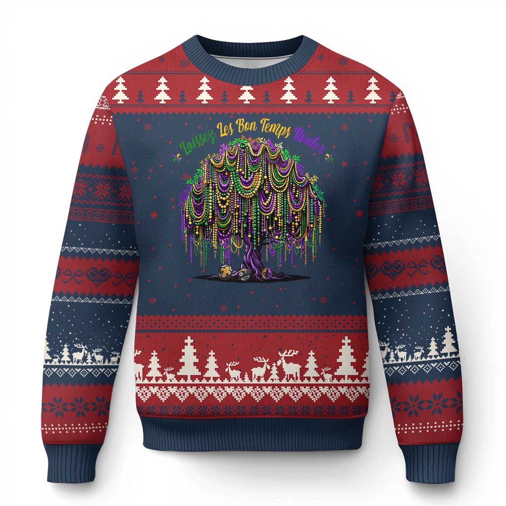 Funny Mardi Gras Bead Tree Carnival New Orleans Coconut Ugly Christmas Sweater TS11 Navy Red Print Your Wear