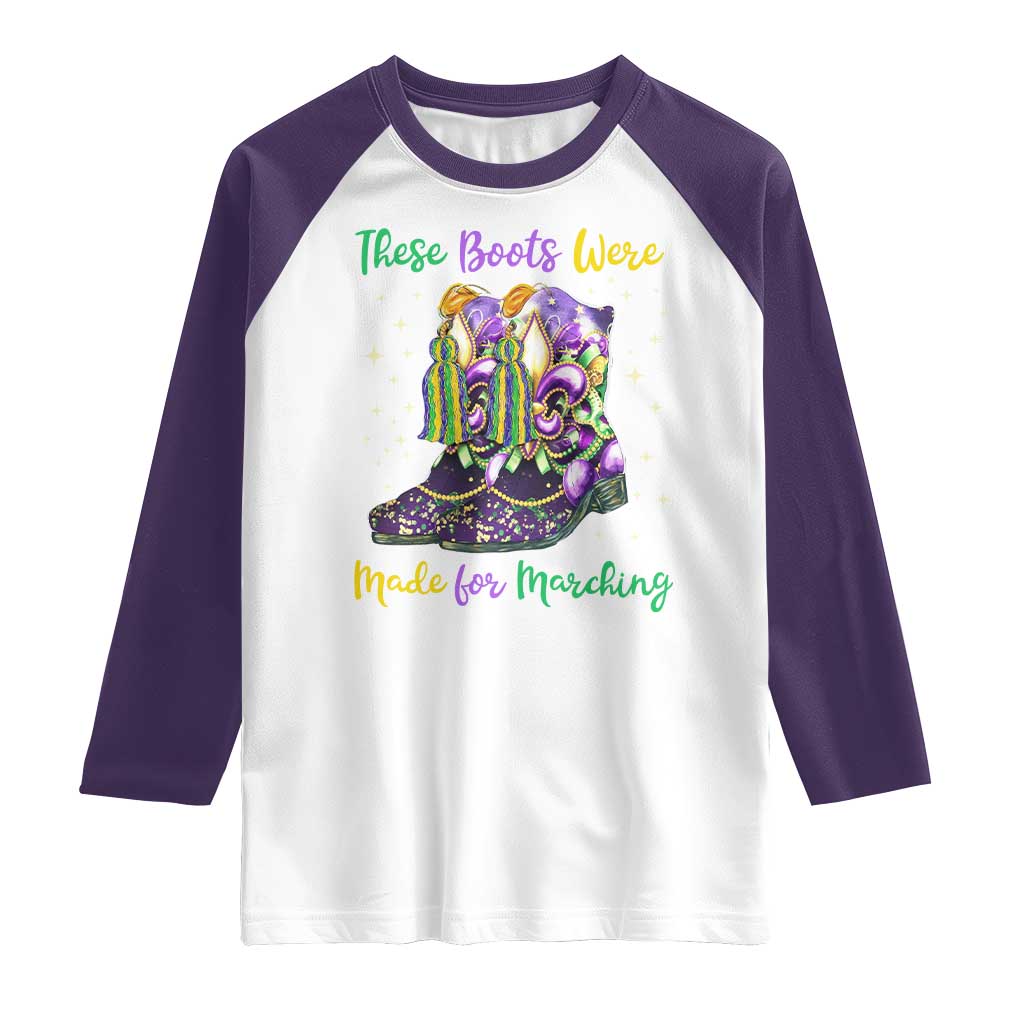 Funny Mardi Gras Raglan Shirt These Boots Were Made For Marching TS11 White Purple Print Your Wear