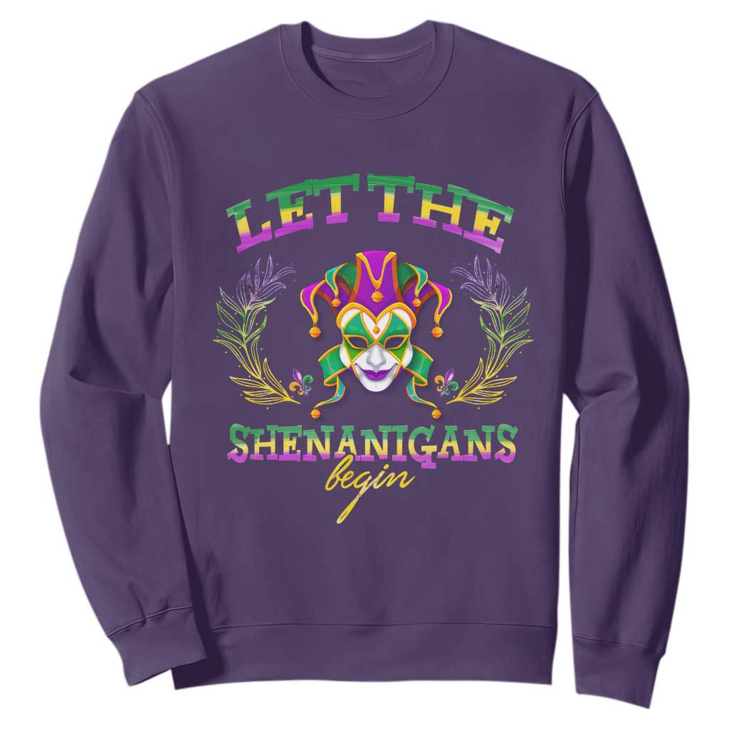 Funny Mardi Gras Sweatshirt Let The Shenanigans Begin Jester Hat TS11 Purple Print Your Wear
