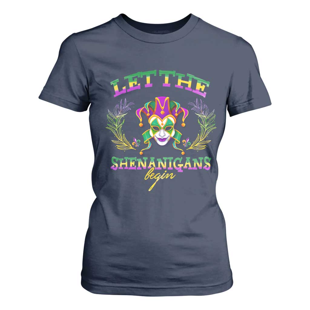 Funny Mardi Gras T Shirt For Women Let The Shenanigans Begin Jester Hat TS11 Navy Print Your Wear
