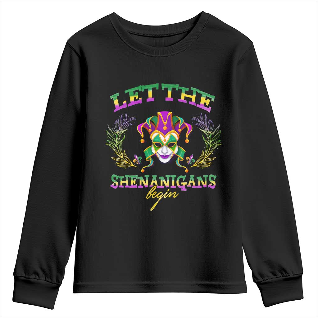 Funny Mardi Gras Youth Sweatshirt Let The Shenanigans Begin Jester Hat TS11 Black Print Your Wear