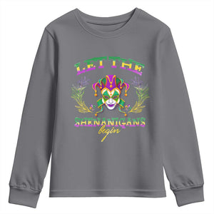 Funny Mardi Gras Youth Sweatshirt Let The Shenanigans Begin Jester Hat TS11 Charcoal Print Your Wear