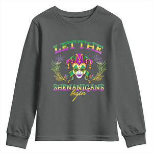 Funny Mardi Gras Youth Sweatshirt Let The Shenanigans Begin Jester Hat TS11 Dark Heather Print Your Wear