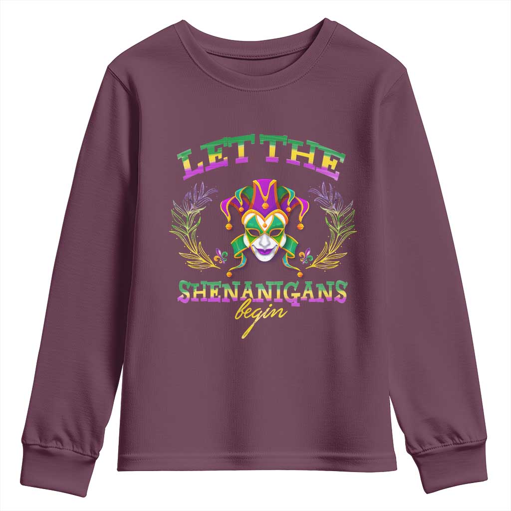 Funny Mardi Gras Youth Sweatshirt Let The Shenanigans Begin Jester Hat TS11 Maroon Print Your Wear