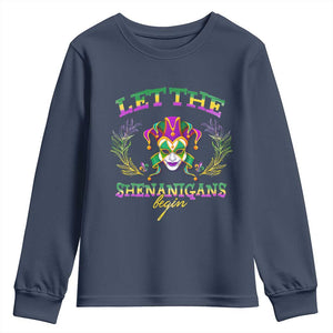 Funny Mardi Gras Youth Sweatshirt Let The Shenanigans Begin Jester Hat TS11 Navy Print Your Wear