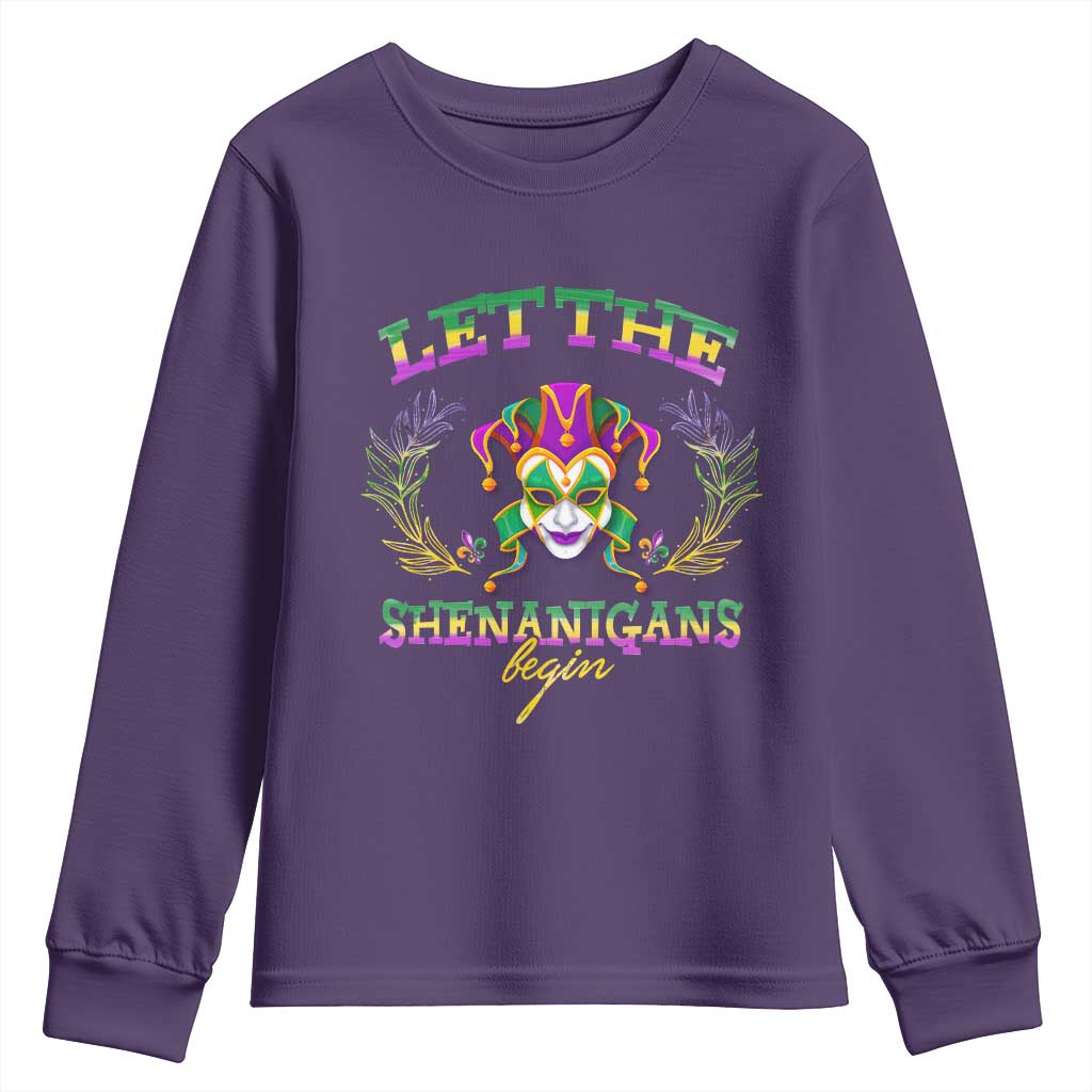 Funny Mardi Gras Youth Sweatshirt Let The Shenanigans Begin Jester Hat TS11 Purple Print Your Wear