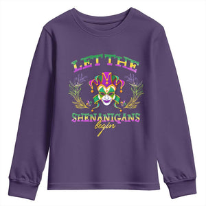Funny Mardi Gras Youth Sweatshirt Let The Shenanigans Begin Jester Hat TS11 Purple Print Your Wear