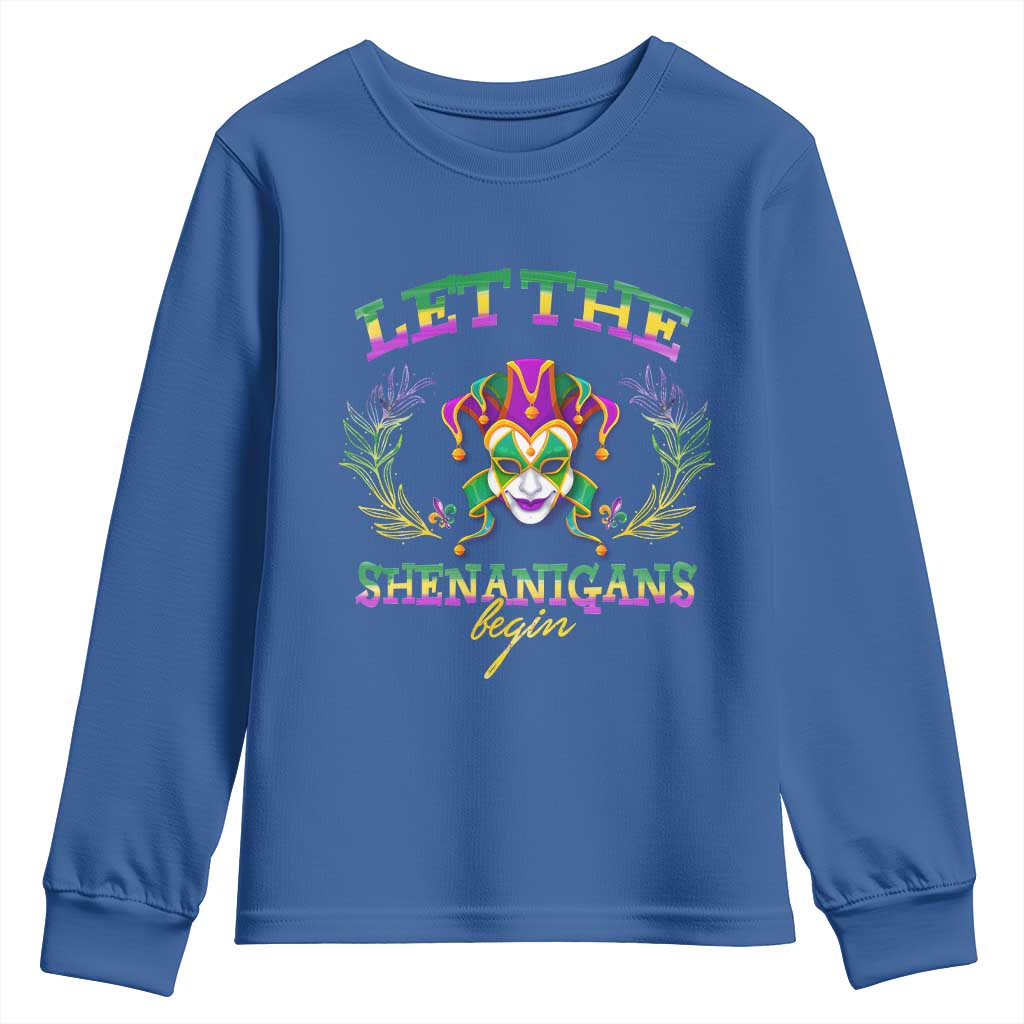 Funny Mardi Gras Youth Sweatshirt Let The Shenanigans Begin Jester Hat TS11 Royal Blue Print Your Wear