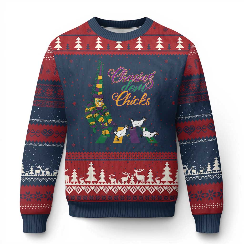 Funny Courir De Mardi Gras Ugly Christmas Sweater Chasing Dem Chicks Carnival TS11 Navy Red Print Your Wear