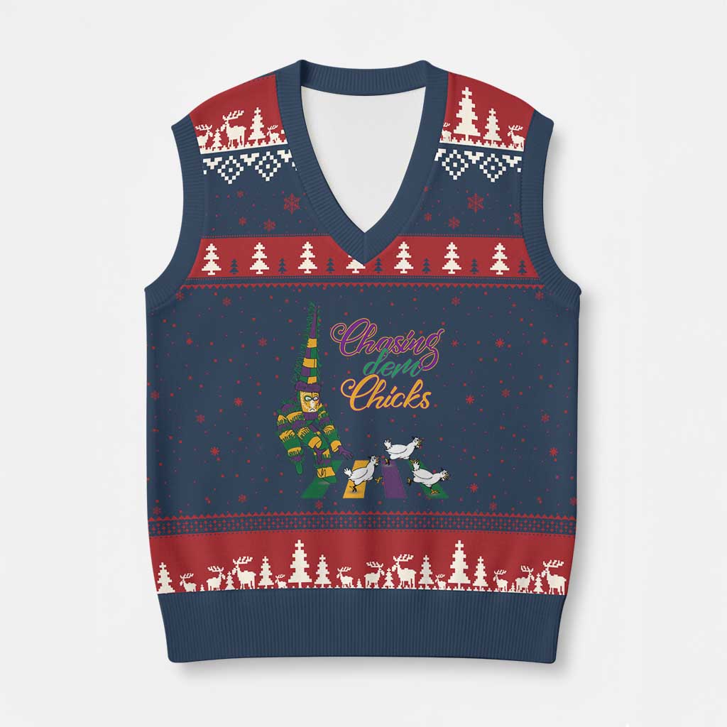 Funny Courir De Mardi Gras V-Neck Knit Sweater Vest Chasing Dem Chicks Carnival TS11 Navy Red Print Your Wear