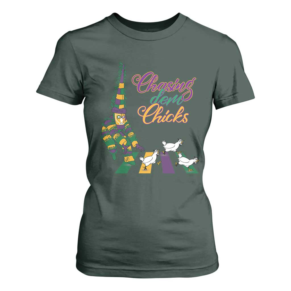 Funny Courir De Mardi Gras T Shirt For Women Chasing Dem Chicks Carnival TS11 Dark Forest Green Print Your Wear