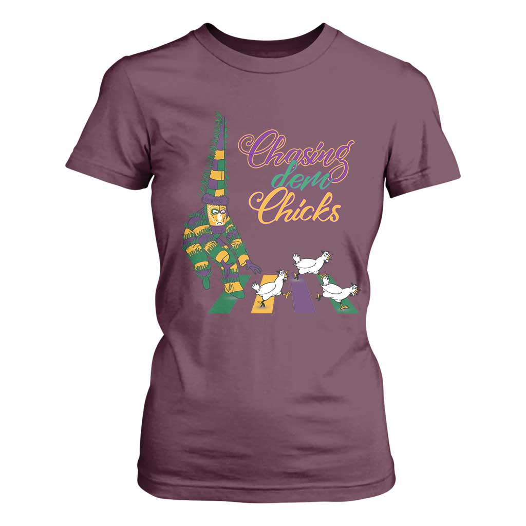 Funny Courir De Mardi Gras T Shirt For Women Chasing Dem Chicks Carnival TS11 Maroon Print Your Wear