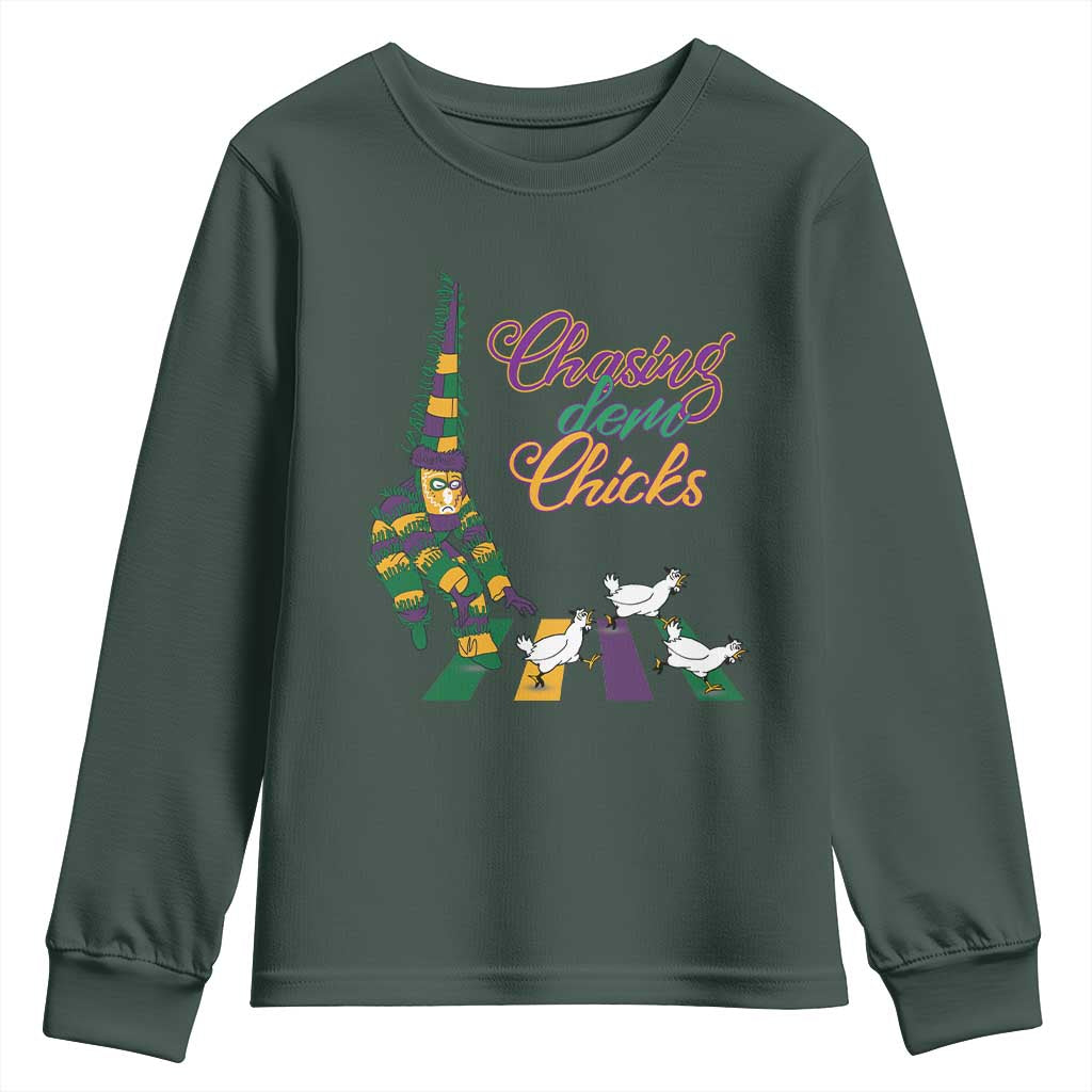 Funny Courir De Mardi Gras Youth Sweatshirt Chasing Dem Chicks Carnival TS11 Dark Forest Green Print Your Wear