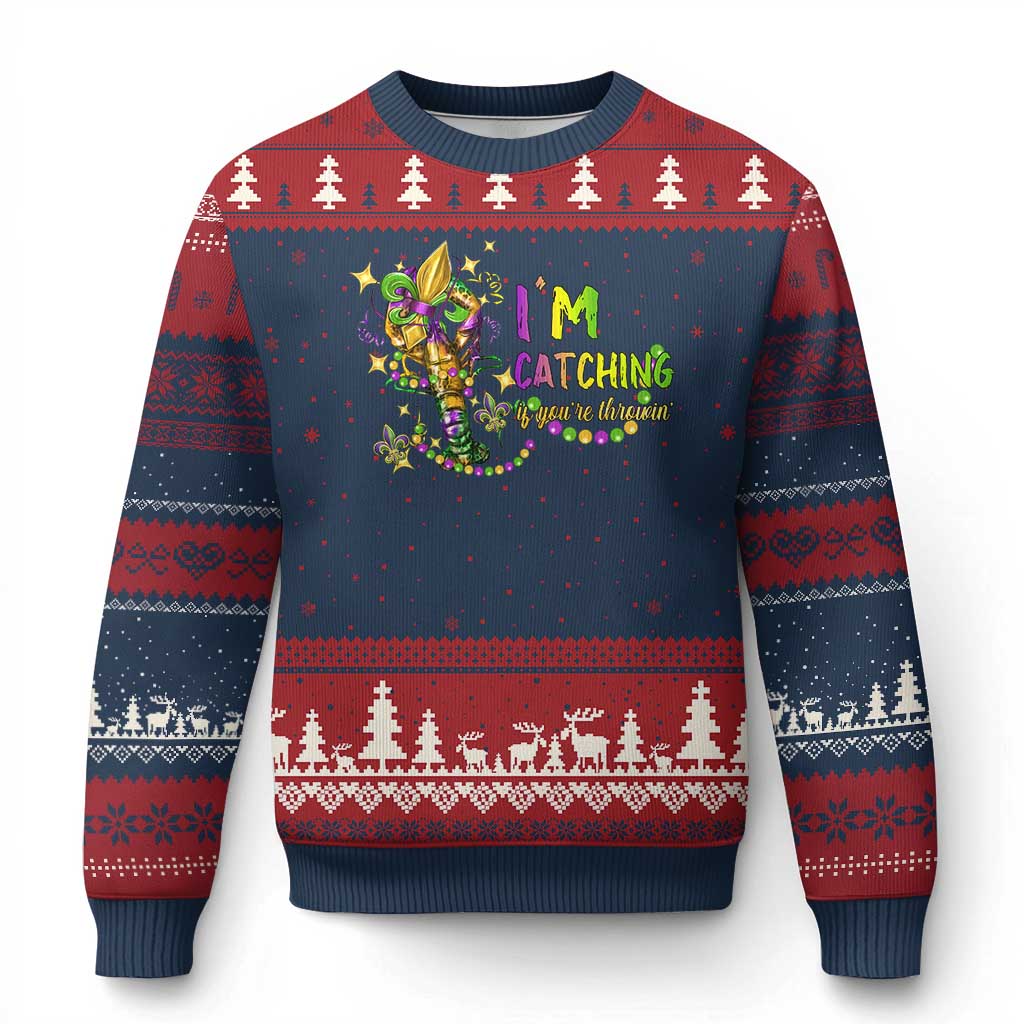 Funny I'm Catchin' If You're Throwin' Mardi Gras Ugly Christmas Sweater Crawfish Beads Fleur De Lys TS11 Navy Red Print Your Wear