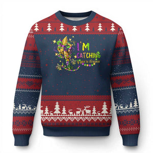 Funny I'm Catchin' If You're Throwin' Mardi Gras Ugly Christmas Sweater Crawfish Beads Fleur De Lys TS11 Navy Red Print Your Wear