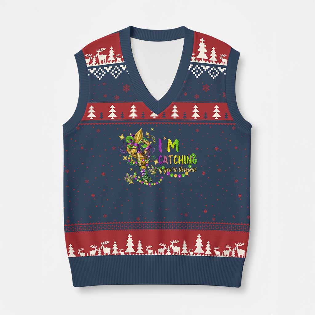 Funny I'm Catchin' If You're Throwin' Mardi Gras V-Neck Knit Sweater Vest Crawfish Beads Fleur De Lys TS11 Navy Red Print Your Wear