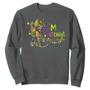Funny I'm Catchin' If You're Throwin' Mardi Gras Sweatshirt Crawfish Beads Fleur De Lys TS11 Dark Heather Print Your Wear
