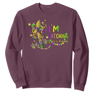 Funny I'm Catchin' If You're Throwin' Mardi Gras Sweatshirt Crawfish Beads Fleur De Lys TS11 Maroon Print Your Wear