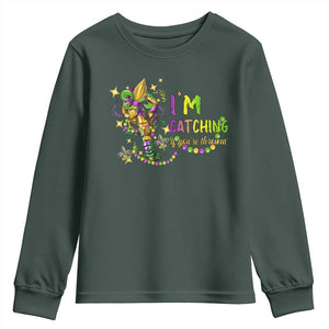 Funny I'm Catchin' If You're Throwin' Mardi Gras Youth Sweatshirt Crawfish Beads Fleur De Lys TS11 Dark Forest Green Print Your Wear