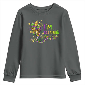 Funny I'm Catchin' If You're Throwin' Mardi Gras Youth Sweatshirt Crawfish Beads Fleur De Lys TS11 Dark Heather Print Your Wear