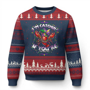 Funny I'm Catchin' If You're Throwin' Mardi Gras Ugly Christmas Sweater Crawfish Beads Jester Hat TS11 Navy Red Print Your Wear