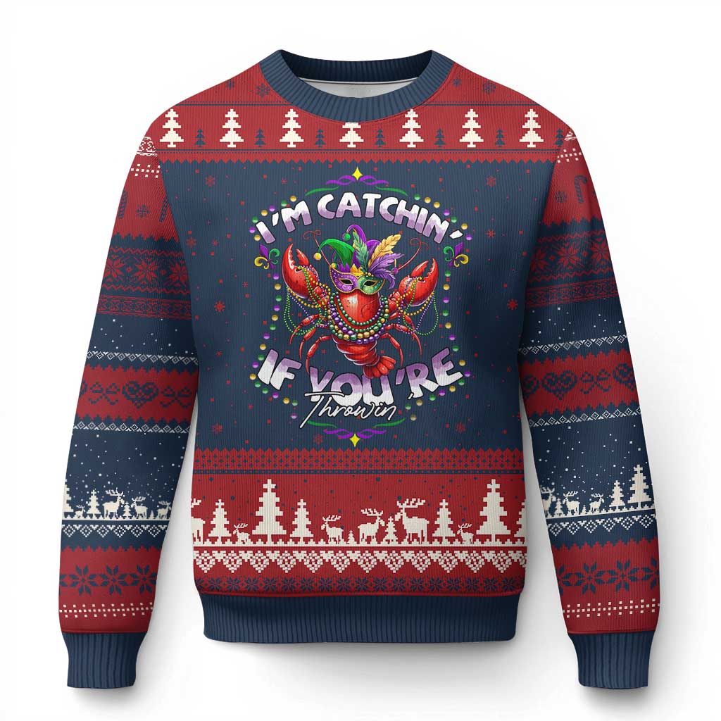 Funny I'm Catchin' If You're Throwin' Mardi Gras Ugly Christmas Sweater Crawfish Beads Jester Hat TS11 Navy Red Print Your Wear