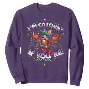 Funny I'm Catchin' If You're Throwin' Mardi Gras Sweatshirt Crawfish Beads Jester Hat TS11 Purple Print Your Wear